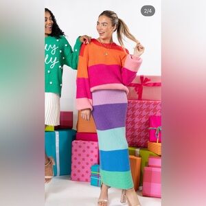 Pink Lily Come Together Rainbow Colorful Striped Knit Sweater & Maxi Skirt Sz XL